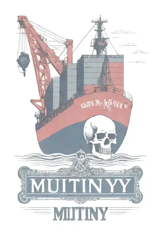 Container Ship With A Crane Behind And A Skull And Anchor With Text Below That Says Mutiny