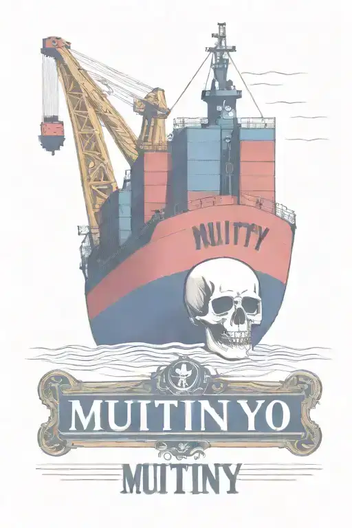 Container Ship With A Crane Behind And A Skull And Anchor With Text Below That Says Mutiny