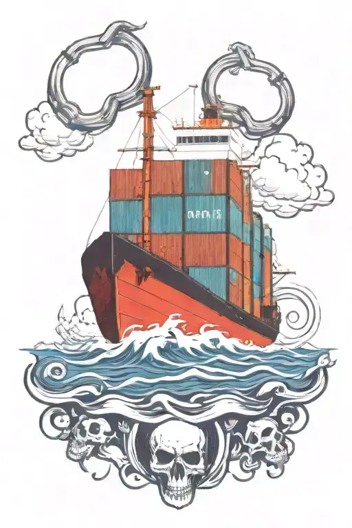 Container Ship With Containers With A Skull And Text Below That Says Mutiny