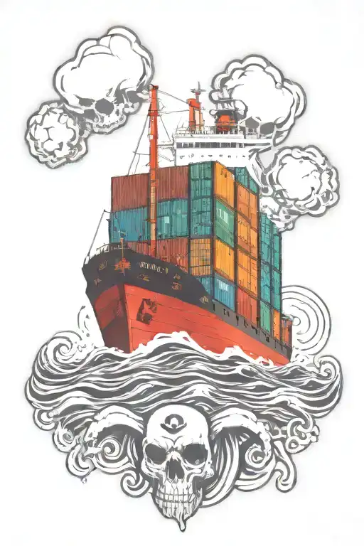 Container Ship With Containers With A Skull And Text Below That Says Mutiny