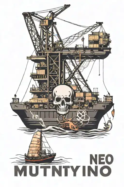 Container Ship With A Crane And Containers And A Skull With Text Below That Says Mutiny