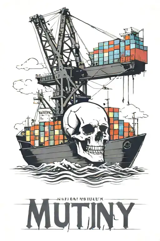 Container Ship With A Crane And Containers And A Skull With Text Below That Says Mutiny