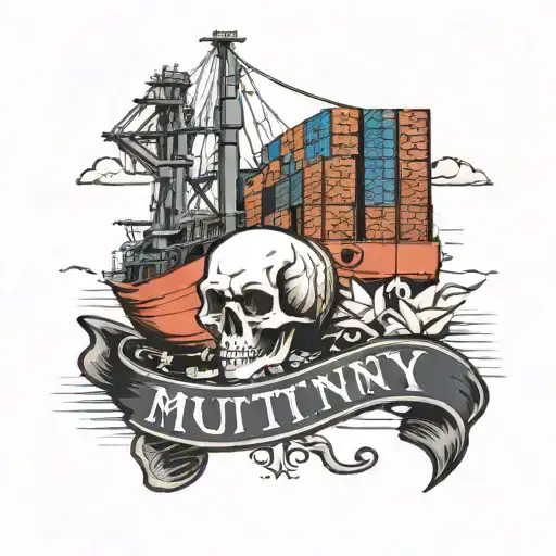 Container Ship With A Crane And A Skull With Text Below That Says Mutiny