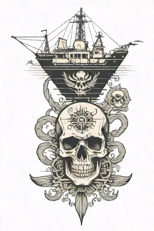 Container Ship With A Crane And A Skull With Text Below That Says Mutiny