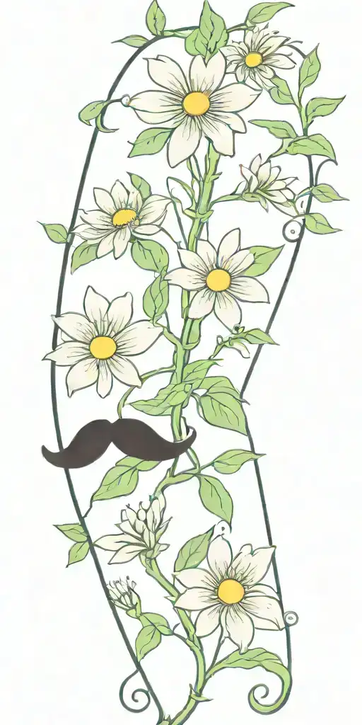 Long Narrow Vine With Green Leaves And Daisy Flowers