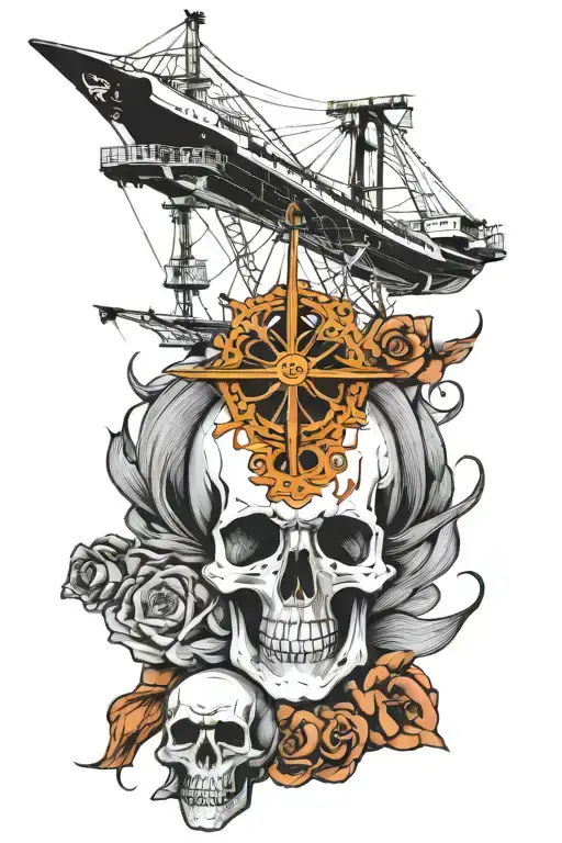 Container Ship With A Crane And A Skull And Anchor