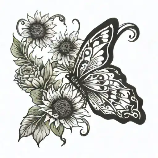 Butterfly And Sunflower Blooming