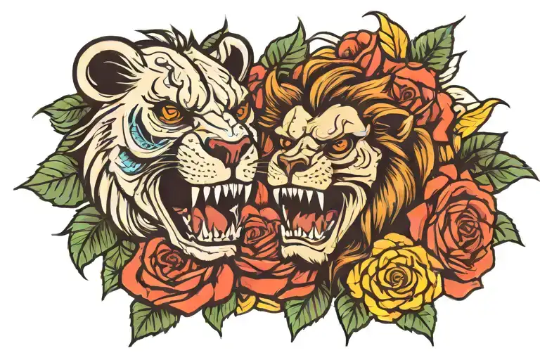 Skull Rose And Lion Roaring