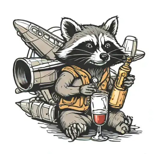 Raccoon On Airplane Holding Wine Botle And Cheese