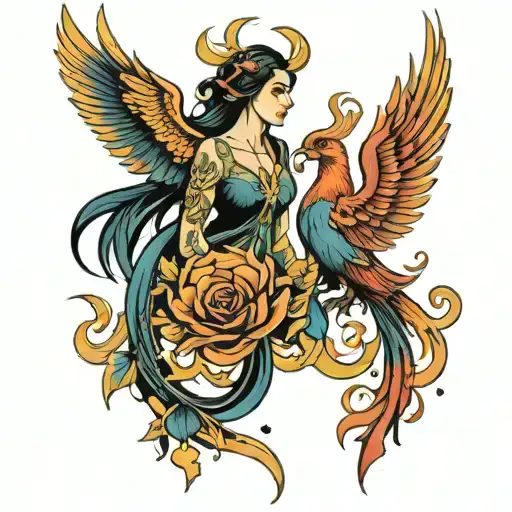 Phoenix Bird Woman And Sagittarius Inside A