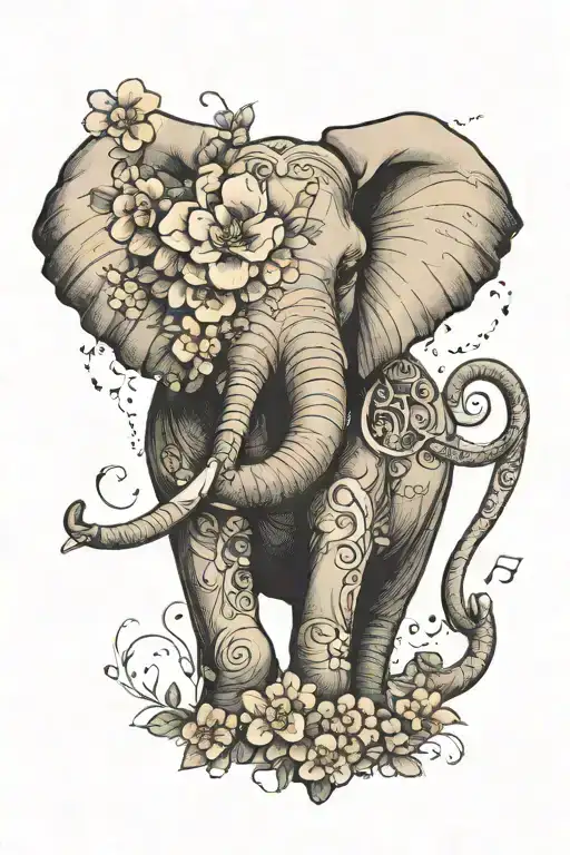 Elephant With Flowers Incorporating Music Note Intertwined
