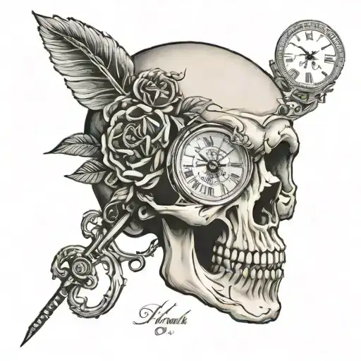 Skull With Roman Numeral Clock As A Left Eye