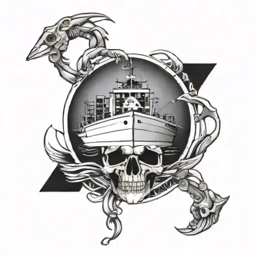 Container Ship At Sea With A Crane And A Skull And Anchor