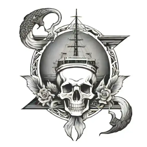 Container Ship At Sea With A Crane And A Skull And Anchor