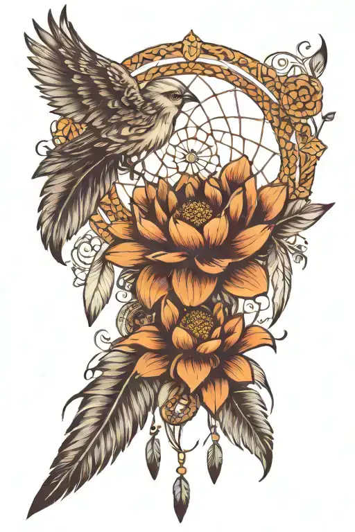 Dream Catcher Under Lotus Flower And Feathers