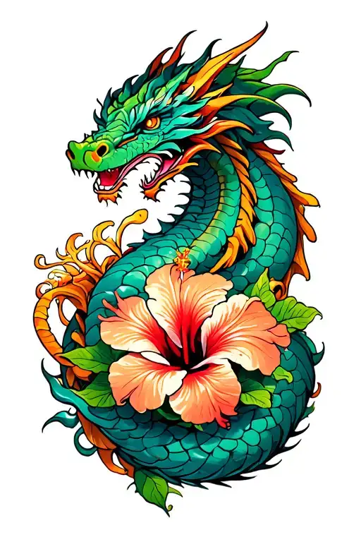 Hibiscus Flower Surrounded By Dragon Wrapped
