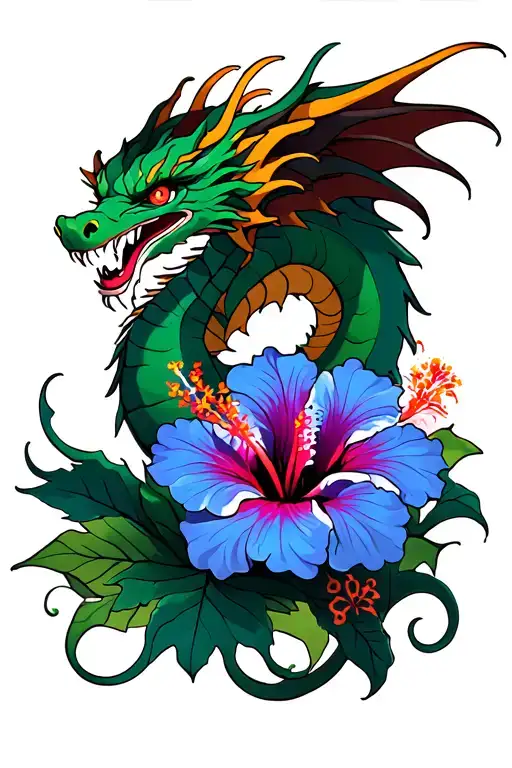 Hibiscus Flower Surrounded By Dragon Flying