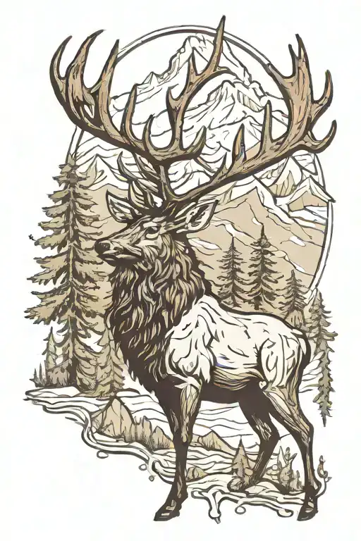 Bull Elk With Trees And Mountains Inside