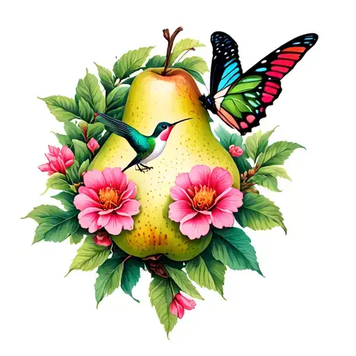 Butterfly And Hummingbird In Pear Tree