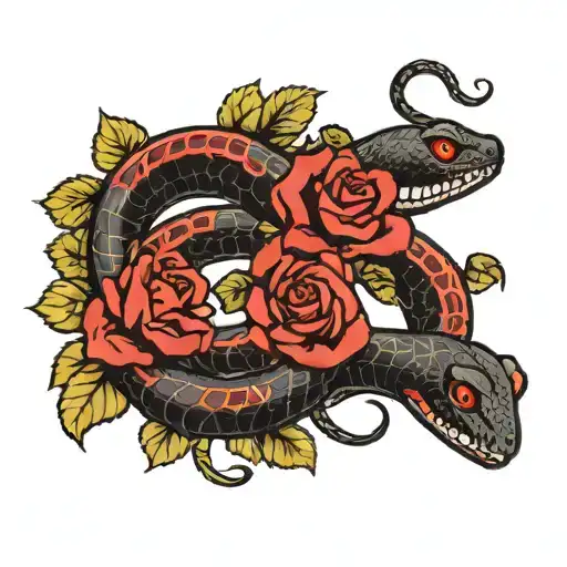 A Black Snake And Red Roses Intertwined