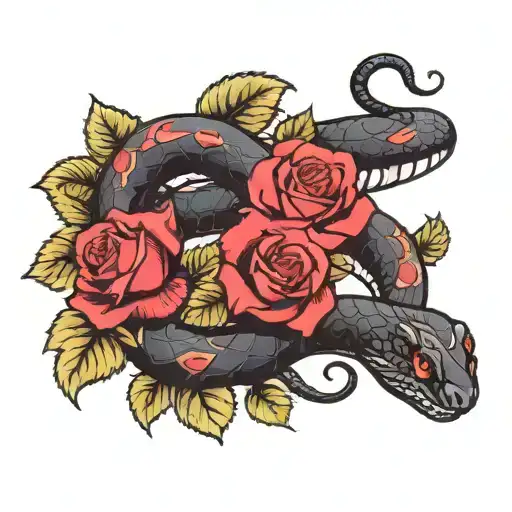 A Black Snake And Red Roses Intertwined