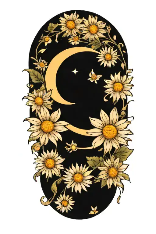 White Daisys And Crescent Moon Merging Together
