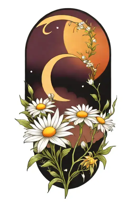 White Daisys And Crescent Moon Merging Together