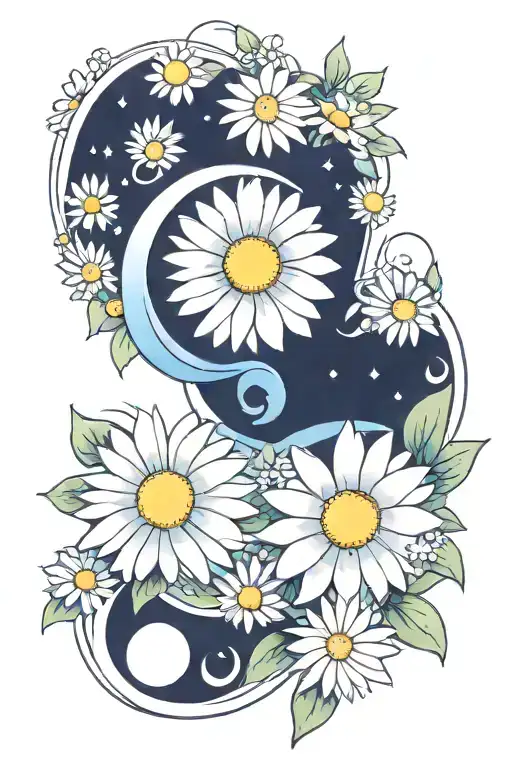 White Daisys And Blue Crescent Moon Merging Together