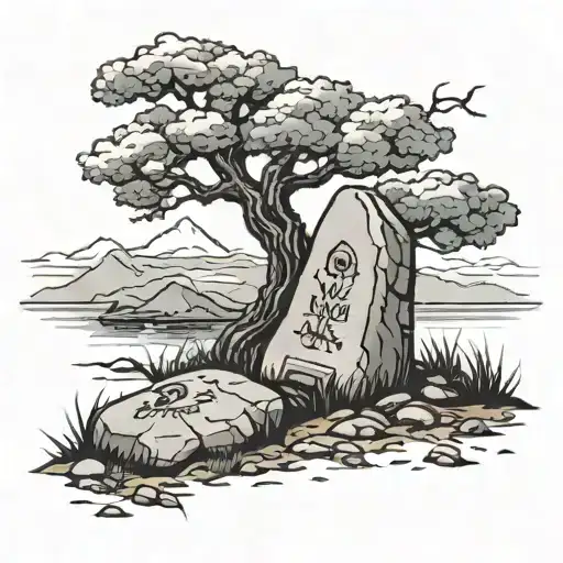 A Grave Under A Tree With A Boulder On Top Of It