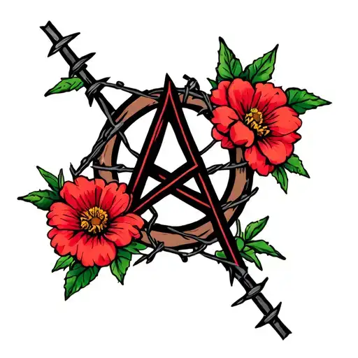 Anarchy Symbol With Barbed Wire And Flowers