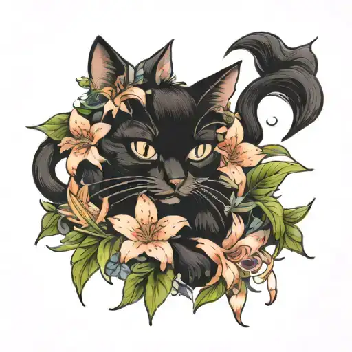 Lily Flower And Fluffy Black Cat
