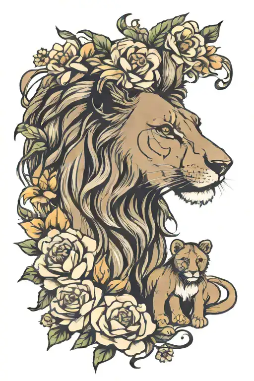 Mom Lion With 3 Baby Lions And Flowers