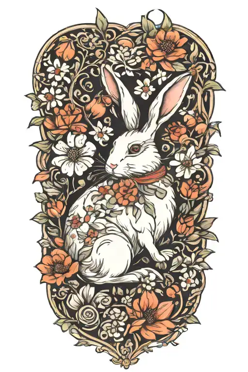 White Rabbit Surrounded By Flowers