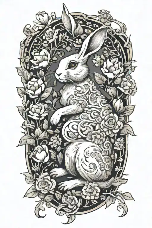 White Rabbit Lounging Surrounded By Flowers