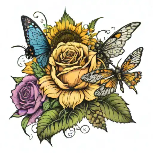 Sunflower Roses Blowing Dandelions Intertwined With The Dragonfly Sleeve