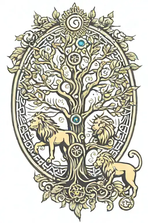 Tree Of Life With A Sun And A Lion And A Horseshoe With A Trebol Inside