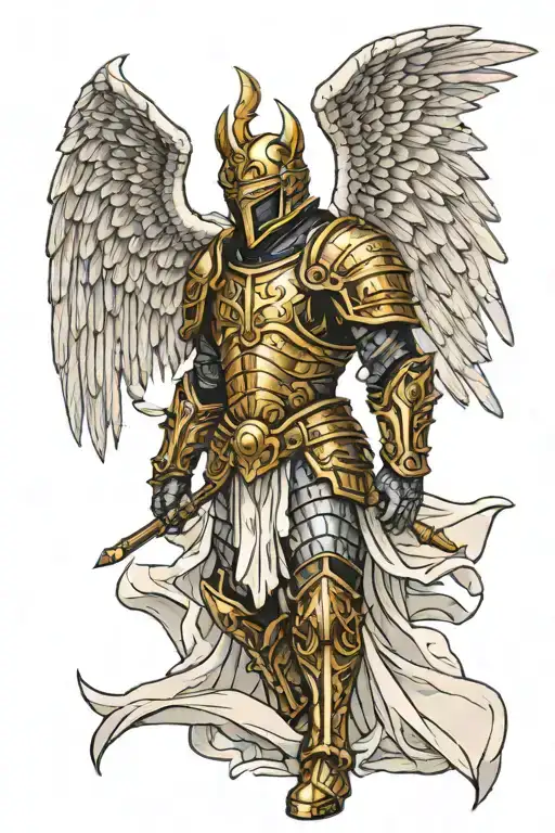 An Armored Warrior With Spread Angel Wings Looking Into The Sky