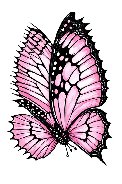 Black Pink Butterfly With Torn Wing Sewn Threads