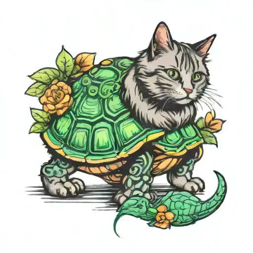 Fluffy Cat Sitting On A Turtle