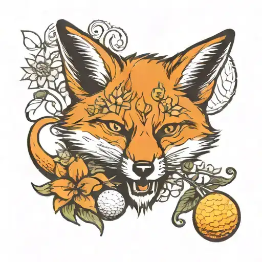 Orange Fox Biting A Golf Ball With A Gold Flower On Its Head