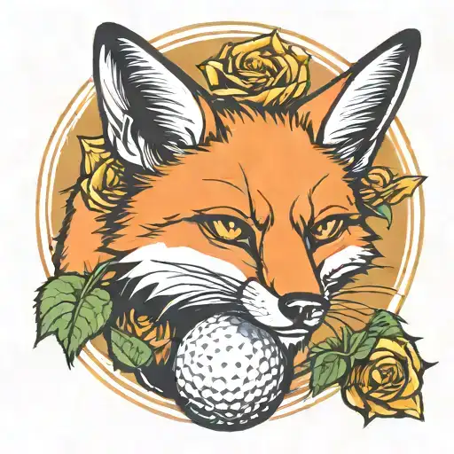 Orange Fox Biting A Golf Ball With A Gold Rose On Its Head