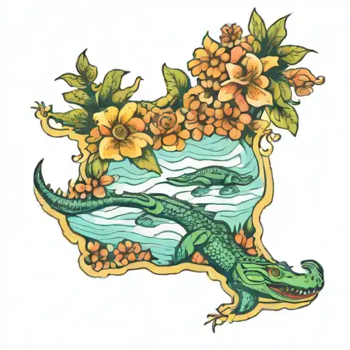Map Of Florida With Gator And Flowers