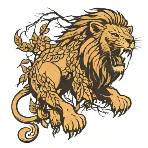 A Lion With Branches Around It With Its Fangs Out And A Sky Behind