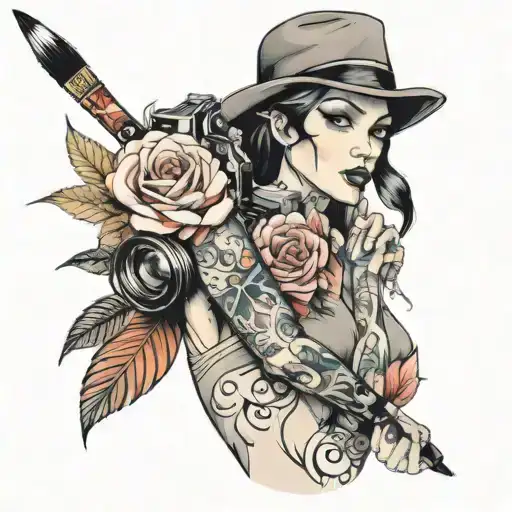 Beautiful Artist With A Paint Brush And Camera Lens Surrounded