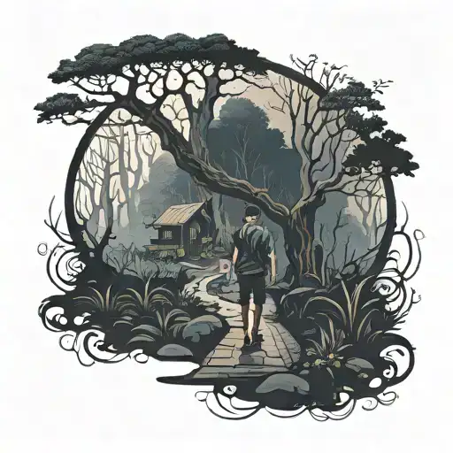 Boy Walking Down A Dark And Eerie Forest Path Winding