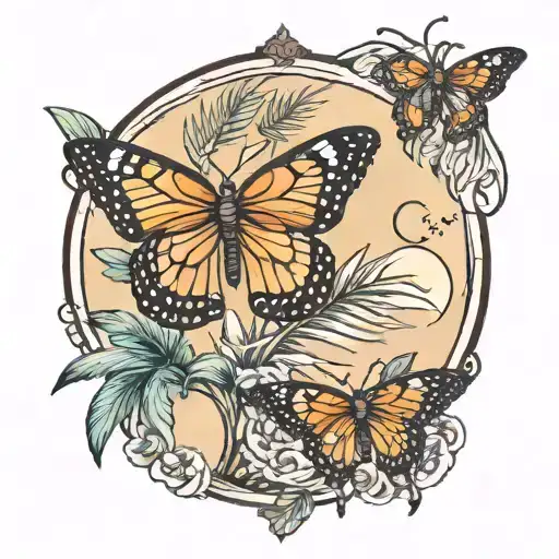 Palms And Butterfly Flying With Moon Surrounded