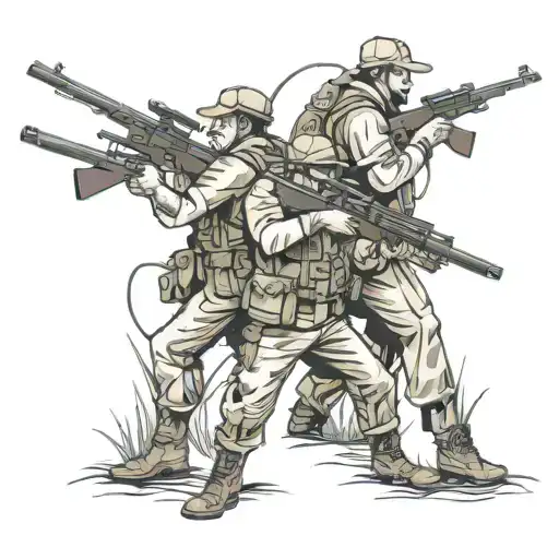 3 Guys Hunting With Rifle On Back