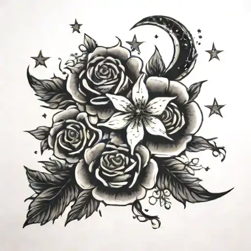 Flowers A Moon And Small Stars