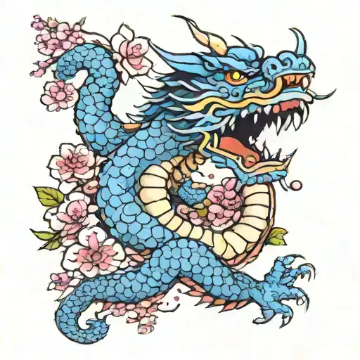 Blue Japanese Dragon With Sakura Flowers