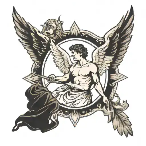 Minimalist Tattoo Of A Man With An Angel Above Him Protecting Him